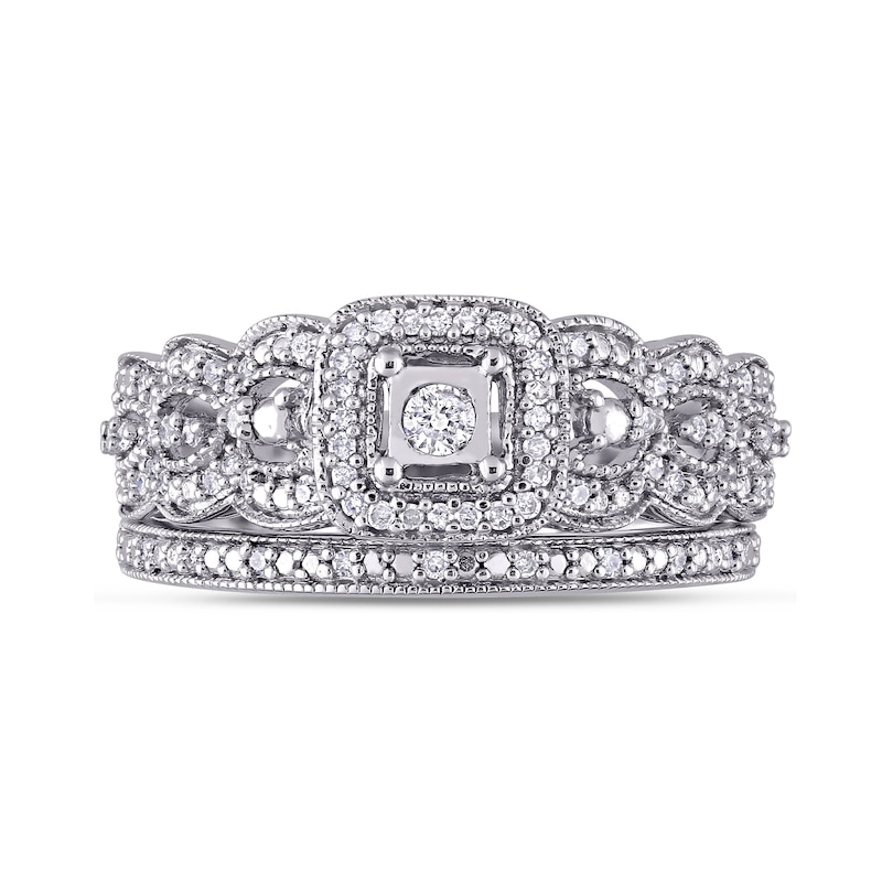 Main Image 4 of 0.32 CT. T.W. Diamond Cushion Frame Scallop Edge Vintage-Style Bridal Set in Sterling Silver