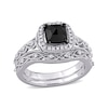 Thumbnail Image 1 of 1.10 CT. T.W. Cushion-Shaped Enhanced Black and White Diamond Frame Vintage-Style Bridal Set in 10K White Gold