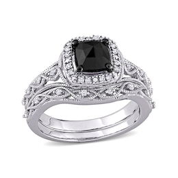 1.10 CT. T.W. Cushion-Shaped Enhanced Black and White Diamond Frame Vintage-Style Bridal Set in 10K White Gold
