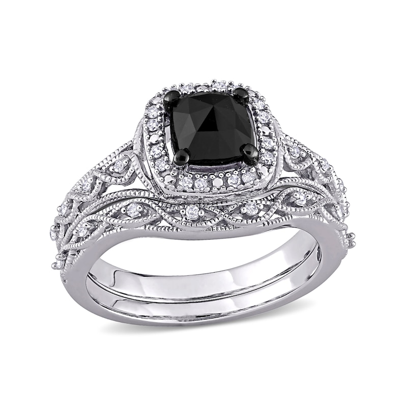 Main Image 1 of 1.10 CT. T.W. Cushion-Shaped Enhanced Black and White Diamond Frame Vintage-Style Bridal Set in 10K White Gold