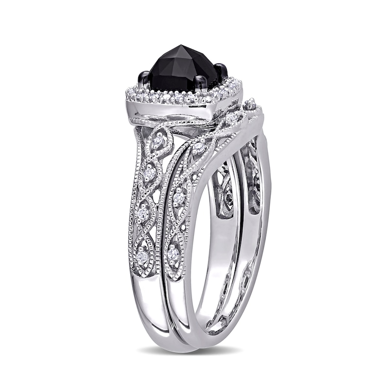 Main Image 3 of 1.10 CT. T.W. Cushion-Shaped Enhanced Black and White Diamond Frame Vintage-Style Bridal Set in 10K White Gold