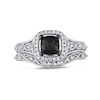 Thumbnail Image 4 of 1.10 CT. T.W. Cushion-Shaped Enhanced Black and White Diamond Frame Vintage-Style Bridal Set in 10K White Gold
