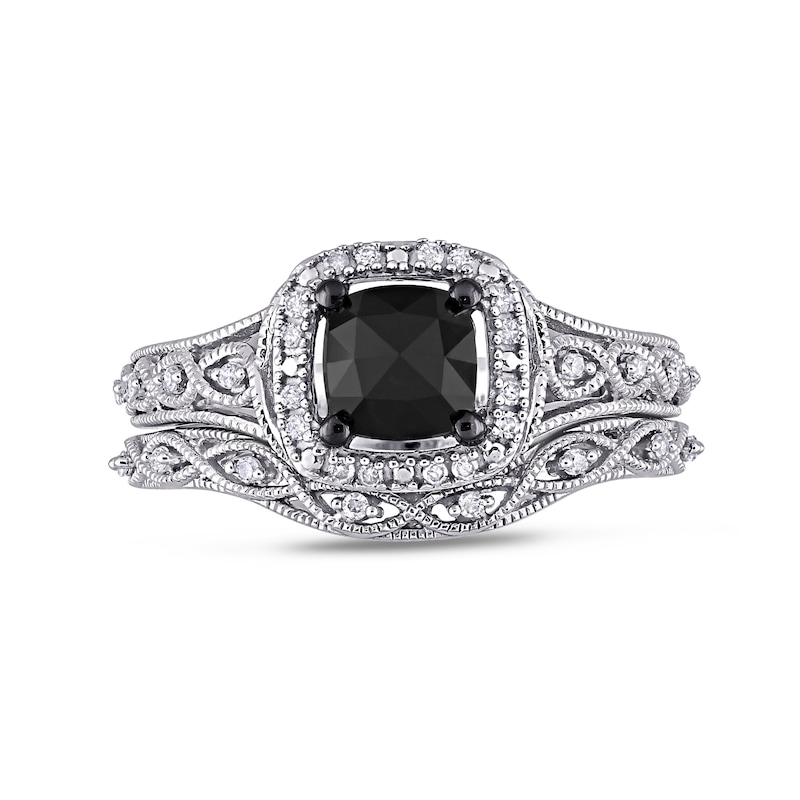 Main Image 4 of 1.10 CT. T.W. Cushion-Shaped Enhanced Black and White Diamond Frame Vintage-Style Bridal Set in 10K White Gold