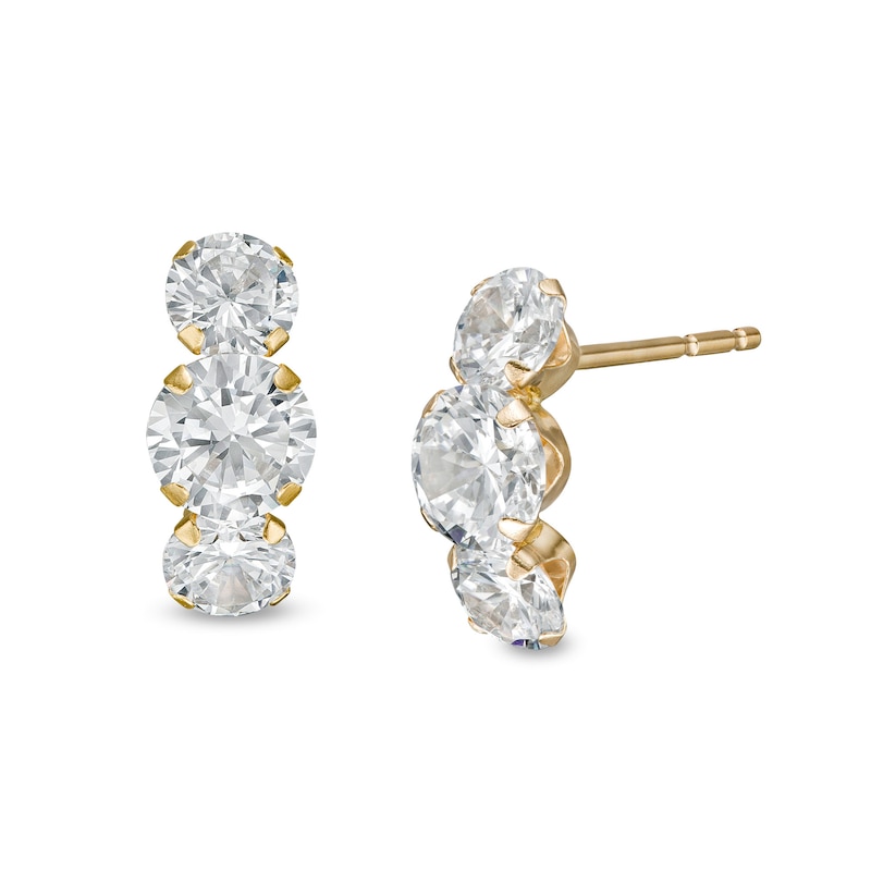 Cubic Zirconia Three Stone Curved Drop Earrings in 14K Gold | Peoples ...