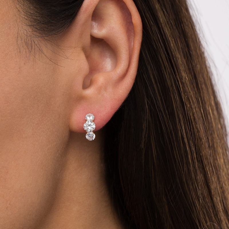 Main Image 2 of Cubic Zirconia Three Stone Curved Drop Earrings in 14K Gold