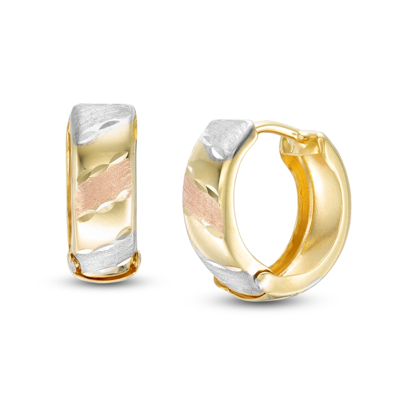 13.0mm Multi-Finish Stripe Tube Huggie Hoop Earrings in 10K Tri-Tone Gold