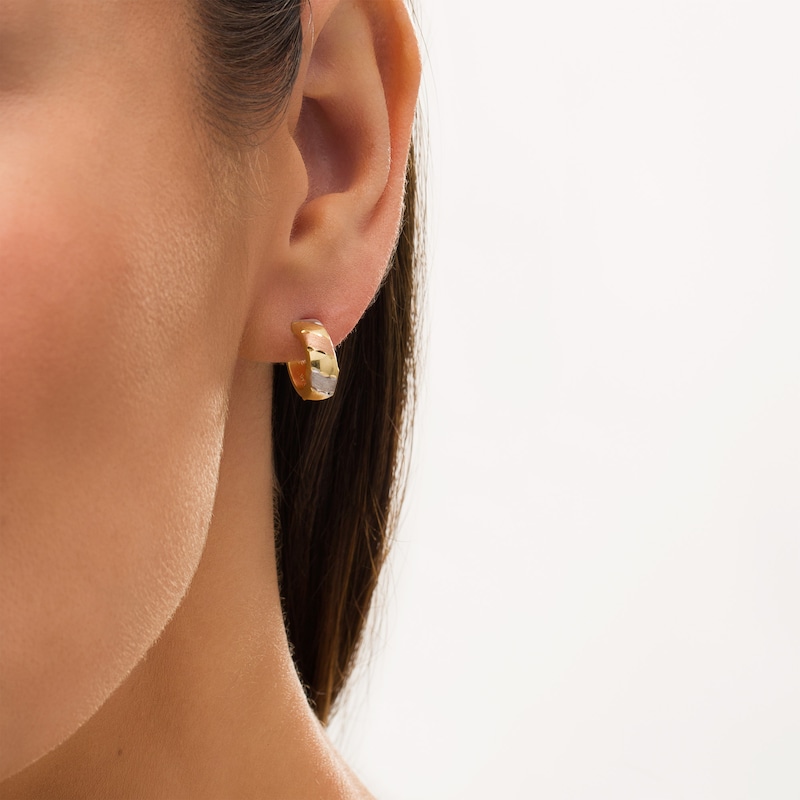 13.0mm Multi-Finish Stripe Tube Huggie Hoop Earrings in 10K Tri-Tone Gold