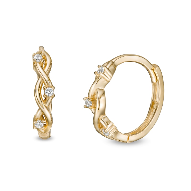 Cubic Zirconia Three Stone Twisted Loose Braid Huggie Hoop Earrings in 14K Gold|Peoples Jewellers