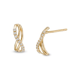 Cubic Zirconia Double Swirl Ribbon Infinity J-Hoop Earrings in 14K Gold