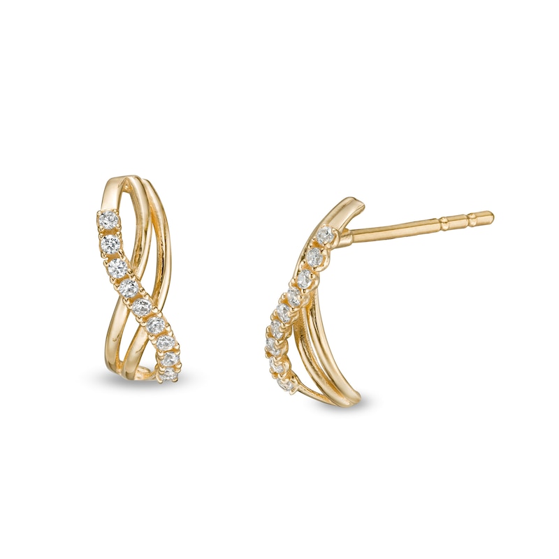 Cubic Zirconia Double Swirl Ribbon Infinity J-Hoop Earrings in 14K Gold|Peoples Jewellers