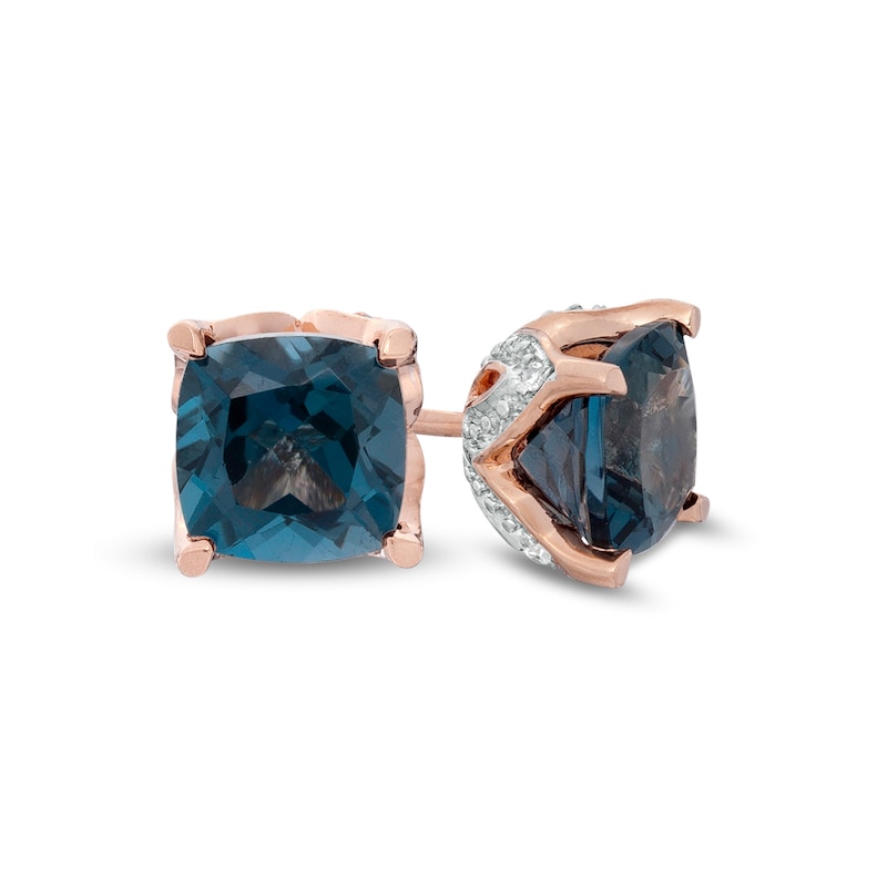 Main Image 1 of 6.0mm Cushion-Cut London Blue Topaz and Diamond Accent Stud Earrings in 10K Rose Gold