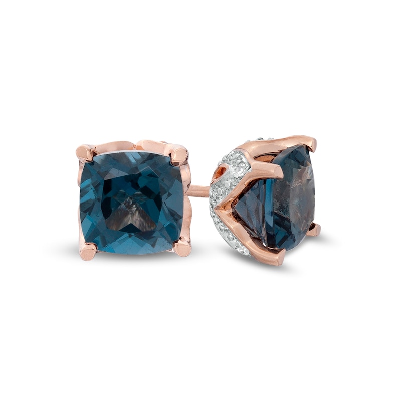 6.0mm Cushion-Cut London Blue Topaz and Diamond Accent Stud Earrings in 10K Rose Gold|Peoples Jewellers