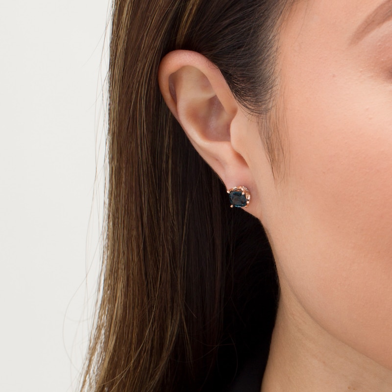 Main Image 2 of 6.0mm Cushion-Cut London Blue Topaz and Diamond Accent Stud Earrings in 10K Rose Gold