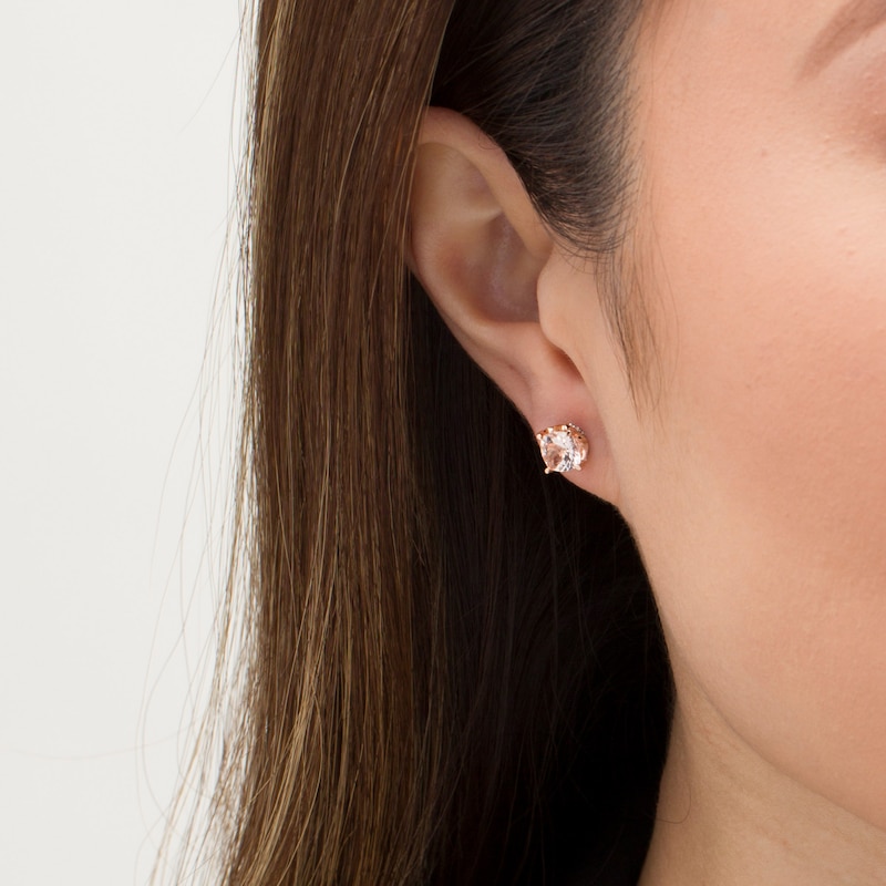 Main Image 2 of 6.0mm Cushion-Cut Morganite and Diamond Accent Stud Earrings in 10K Rose Gold