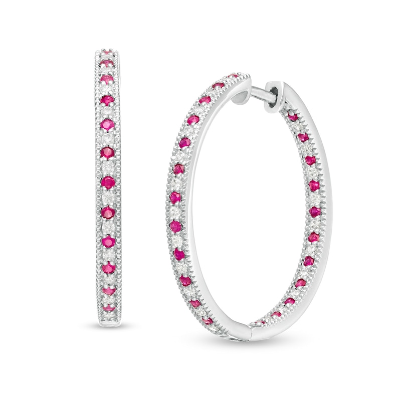 Alternating Ruby and 0.40 CT. T.W. Diamond Inside-Out Hoop Earrings in 10K White Gold