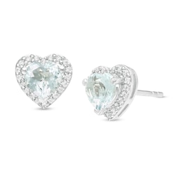 5.0mm Aquamarine and 0.12 CT. T.W. Diamond Frame Heart Stud Earrings in 10K White Gold