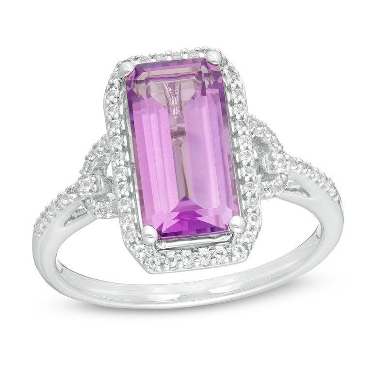 Elongated Emerald-Cut Amethyst and White Topaz Frame Buckle Ring in Sterling Silver