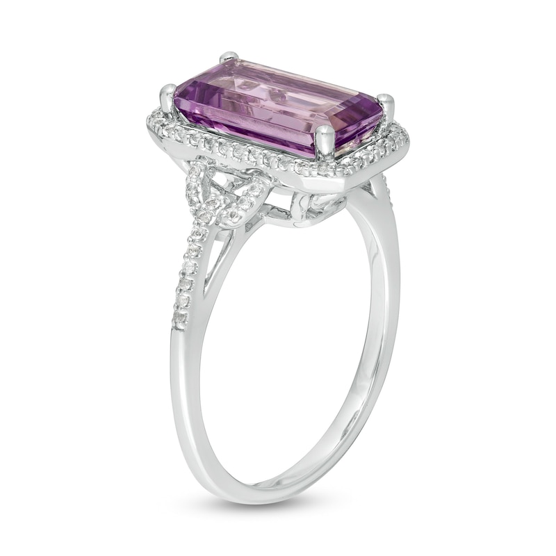 Elongated Emerald-Cut Amethyst and White Topaz Frame Buckle Ring in Sterling Silver