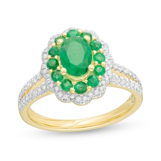 Oval Emerald and 0.25 CT. T.W. Diamond Scallop Frame Split Shank Ring in 10K Gold
