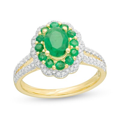 Oval Emerald and 0.25 CT. T.W. Diamond Scallop Frame Split Shank Ring in 10K Gold