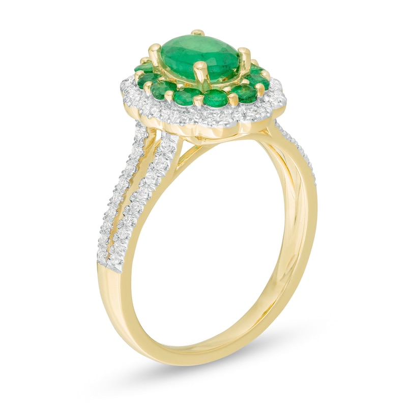 Oval Emerald and 0.25 CT. T.W. Diamond Scallop Frame Split Shank Ring in 10K Gold