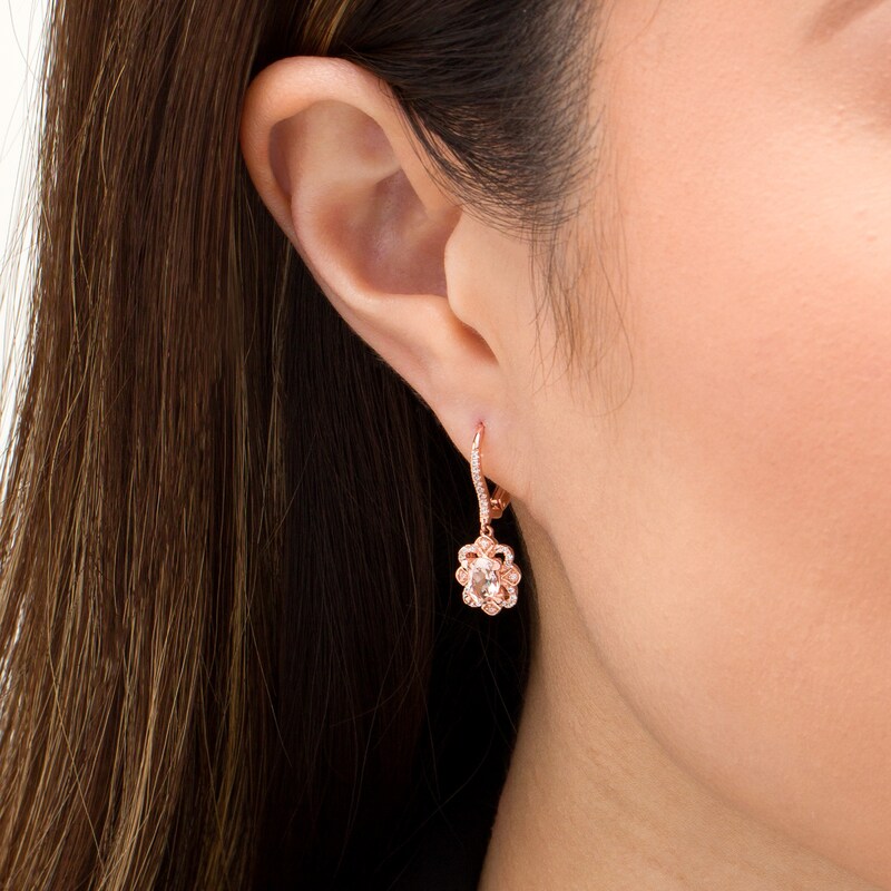 Main Image 2 of Oval Morganite and 0.15 CT. T.W. Diamond Floral Drop Earrings in 10K Rose Gold
