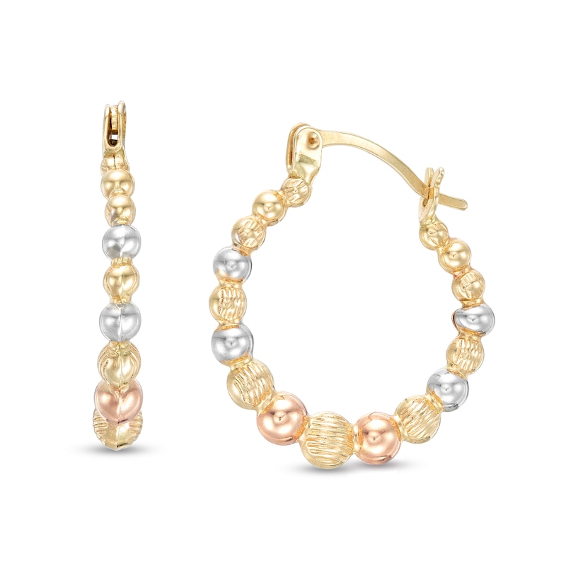 Multi-Finish Graduating Bead Hoop Earrings in 14K Tri-Tone Gold