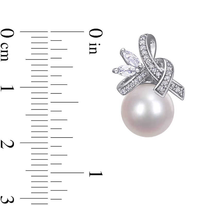 Cultured Freshwater Pearl, Marquise White Topaz and 0.15 CT. T.W. Diamond Tied Ribbon Drop Earrings in 10K White Gold