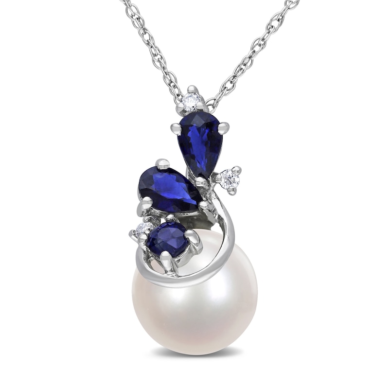 8.5-9.0mm Cultured Freshwater Pearl, Blue Sapphire and Diamond Accent Pendant in 10K White Gold - 17"