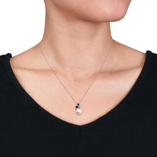 8.5-9.0mm Freshwater Cultured Pearl, Blue Sapphire and Diamond Accent Pendant in 10K White Gold-17"