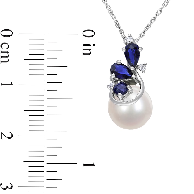 8.5-9.0mm Cultured Freshwater Pearl, Blue Sapphire and Diamond Accent Pendant in 10K White Gold - 17"