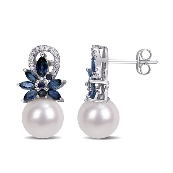 9.0-9.5mm Freshwater Cultured Pearl, Blue Sapphire and 0.13 CT. T.W. Diamond Flower Drop Earrings in 14K White Gold