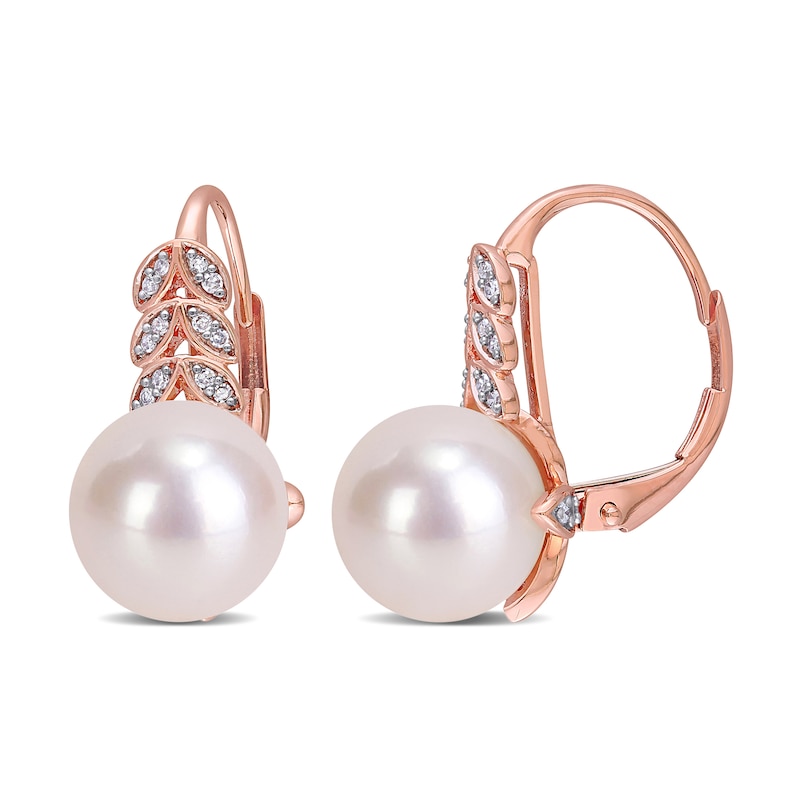 9.0-9.5mm Freshwater Cultured Pearl and 0.15 CT. T.W. Diamond Laurel Drop Earrings in 10K Rose Gold