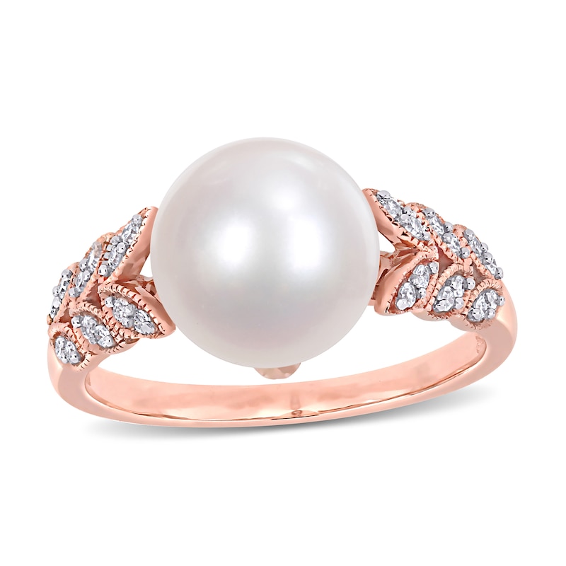9.5-10.0mm Cultured Freshwater Pearl and 0.15 CT. T.W. Diamond Laurel Shank Ring in 10K Rose Gold