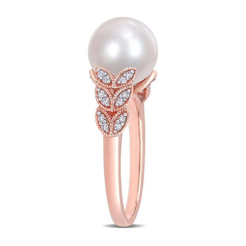 9.5-10.0mm Cultured Freshwater Pearl and 0.15 CT. T.W. Diamond Laurel Shank Ring in 10K Rose Gold