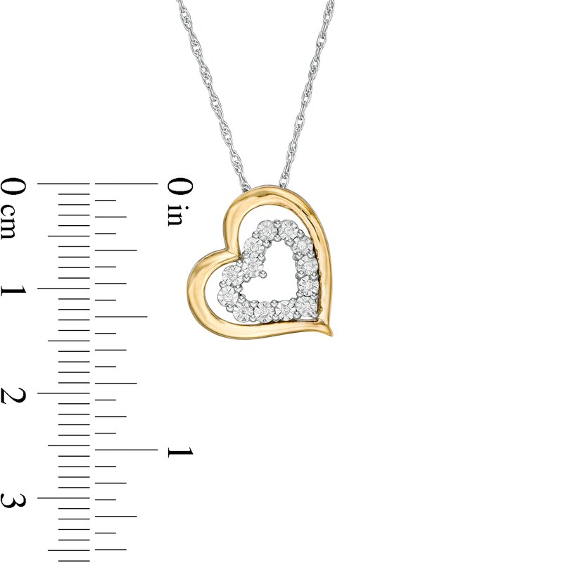 Diamond Accent Tilted Double Heart Pendant in Sterling Silver and 10K Gold