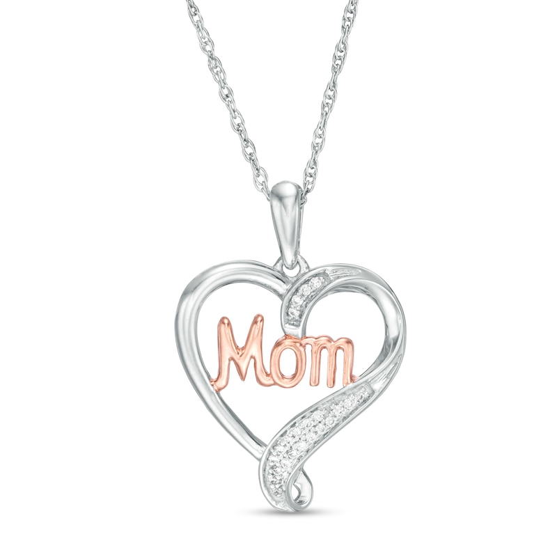0.04 CT. T.W. Diamond and Cursive "Mom" Loop Heart Pendant in Sterling Silver and 10K Rose Gold|Peoples Jewellers