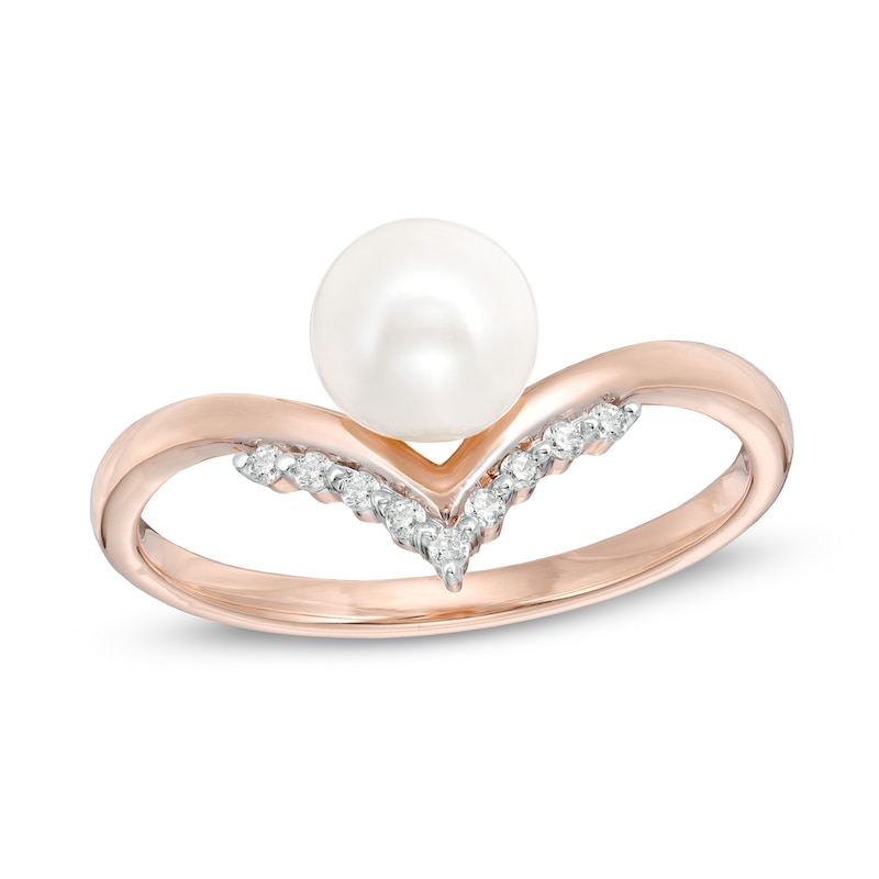6.0mm Cultured Freshwater Pearl and 0.04 CT. T.W. Diamond Chevron Ring in 10K Rose Gold