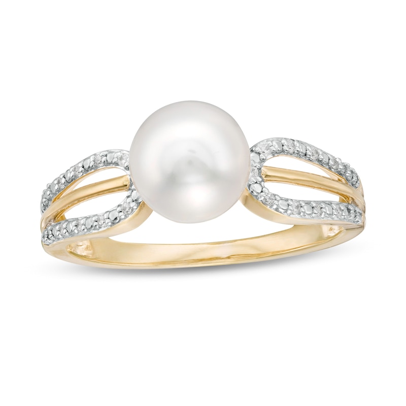 7.0mm Cultured Freshwater Pearl and 0.04 CT. T.W. Diamond Split Shank Ring in 10K Gold