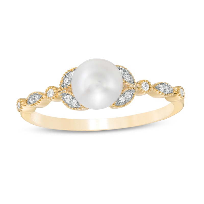 6.0mm Freshwater Cultured Pearl and 0.04 CT. T.W. Diamond Vintage-Style Ring in 10K Gold