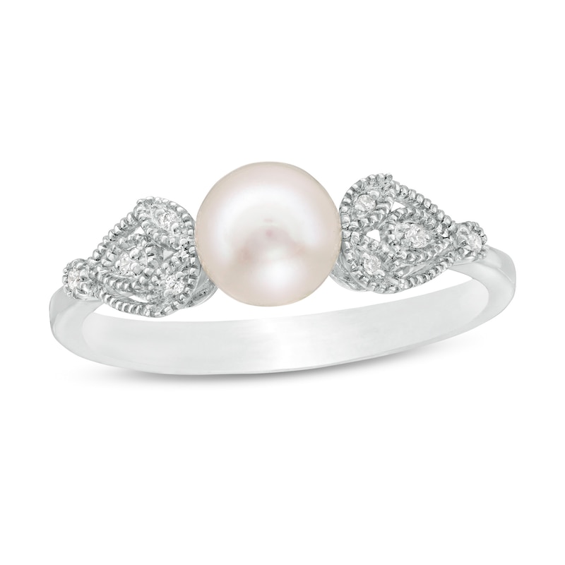 Main Image 1 of 6.0mm Freshwater Cultured Pearl and Diamond Accent Vintage-Style Teardrop Petals Ring in Sterling Silver