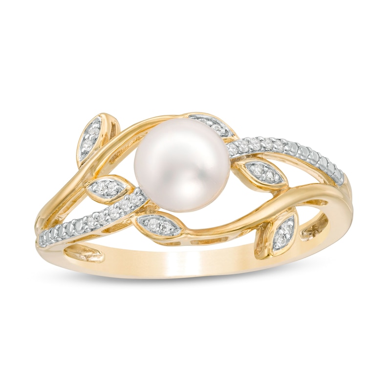 6.0mm Cultured Freshwater Pearl and 0.04 CT. T.W. Diamond Vines Ring in 10K Gold|Peoples Jewellers