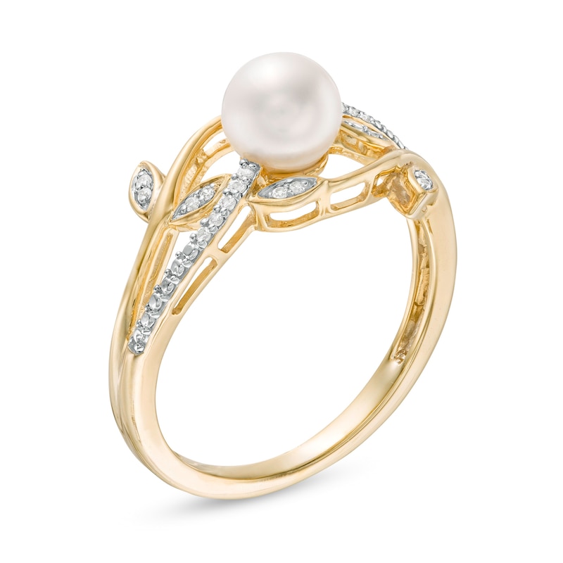 6.0mm Cultured Freshwater Pearl and 0.04 CT. T.W. Diamond Vines Ring in 10K Gold