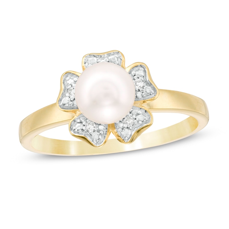 6.0mm Cultured Freshwater Pearl and Diamond Accent Flower Ring in 10K Gold|Peoples Jewellers