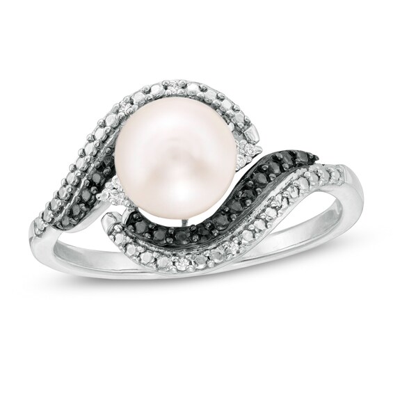 7.0mm Freshwater Cultured Pearl and 0.04 CT. T.W. Enhanced Black and White Diamond Swirl Bypass Ring in Sterling Silver