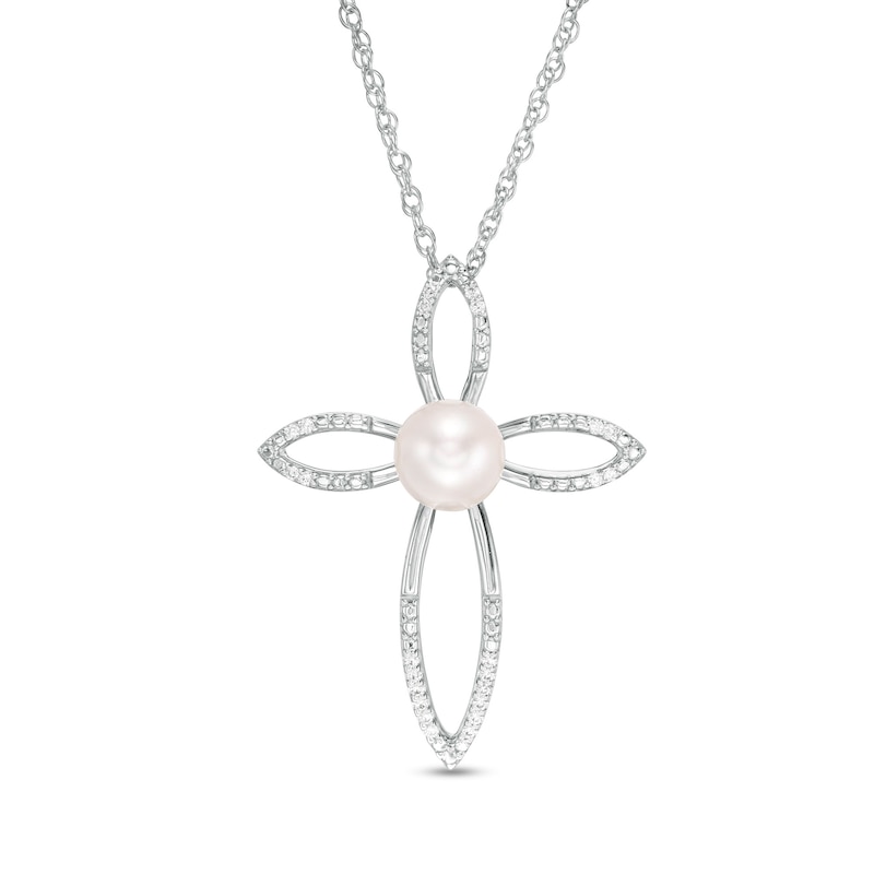 6.0mm Cultured Freshwater Pearl and 0.04 CT. T.W. Diamond Cross Pendant in Sterling Silver
