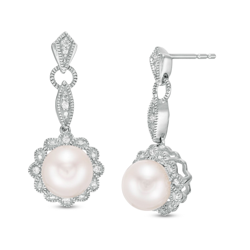 7.0mm Cultured Freshwater Pearl and 0.04 CT. T.W. Diamond Vintage-Style Drop Earrings in Sterling Silver|Peoples Jewellers