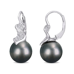 9.0-9.5mm Baroque Black Tahitian Cultured Pearl and 0.16 CT. T.W. Diamond Swirl Drop Earrings in Sterling Silver