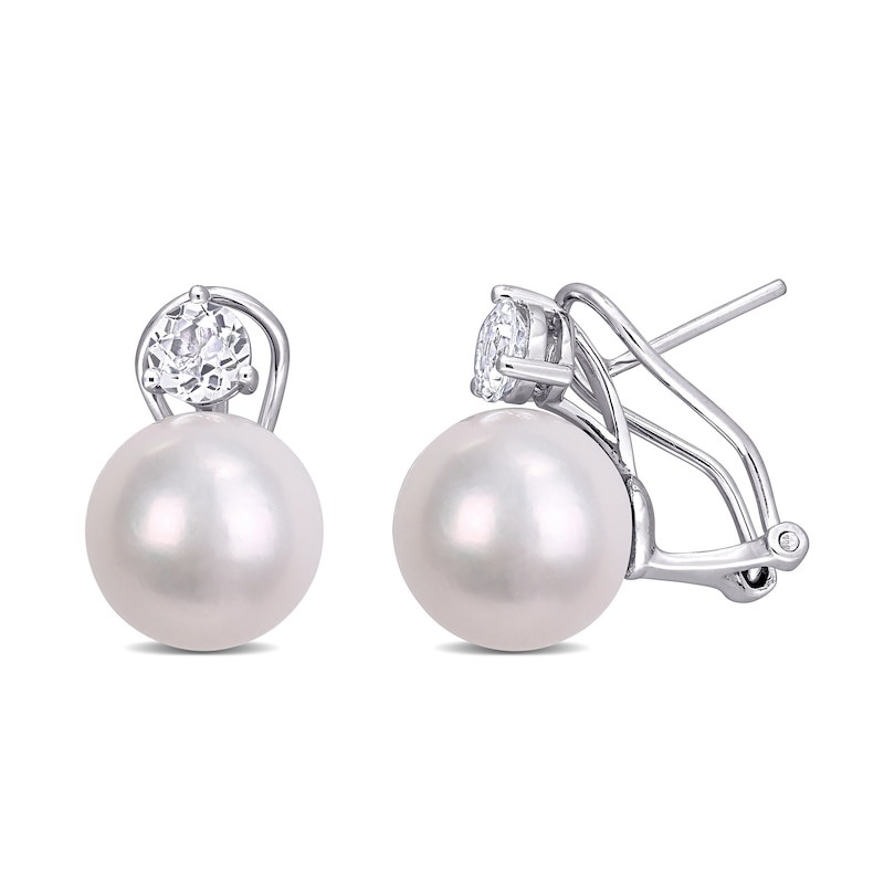 11.0-12.0mm Cultured Freshwater Pearl and 5.0mm White Topaz Stud Earrings in Sterling Silver|Peoples Jewellers