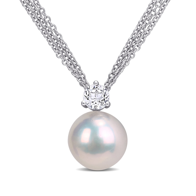 Main Image 1 of 11.0-12.0mm Freshwater Cultured Pearl and 5.0mm White Topaz Triple Strand Pendant in Sterling Silver
